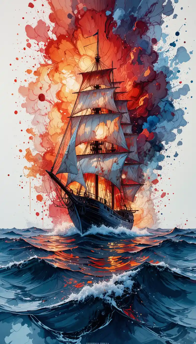 Close up painting of a sailing ship at night at sea