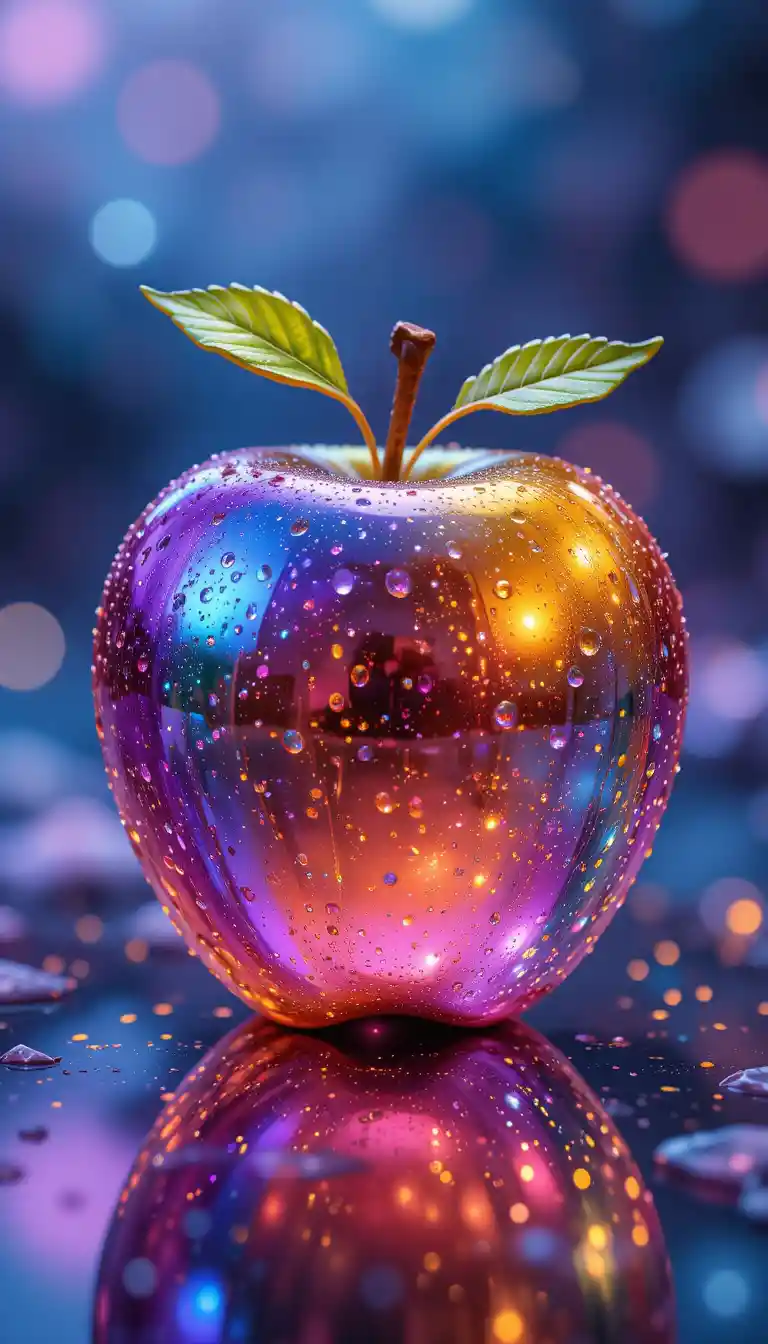 Manzana de Cristal Arcoíris Brillante sobre Superficie Reflectante