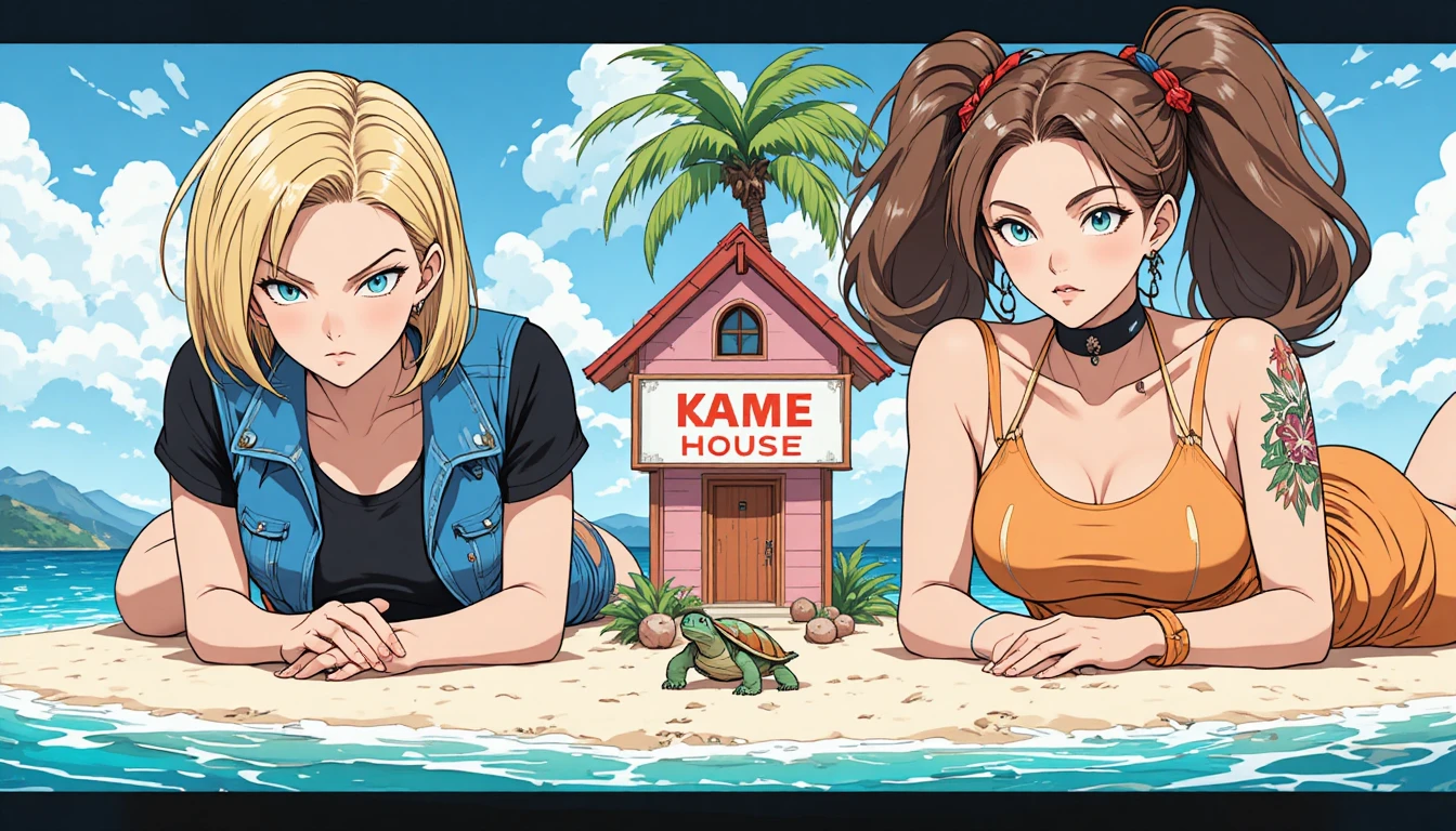 Two giant anime women on a tiny tropical island