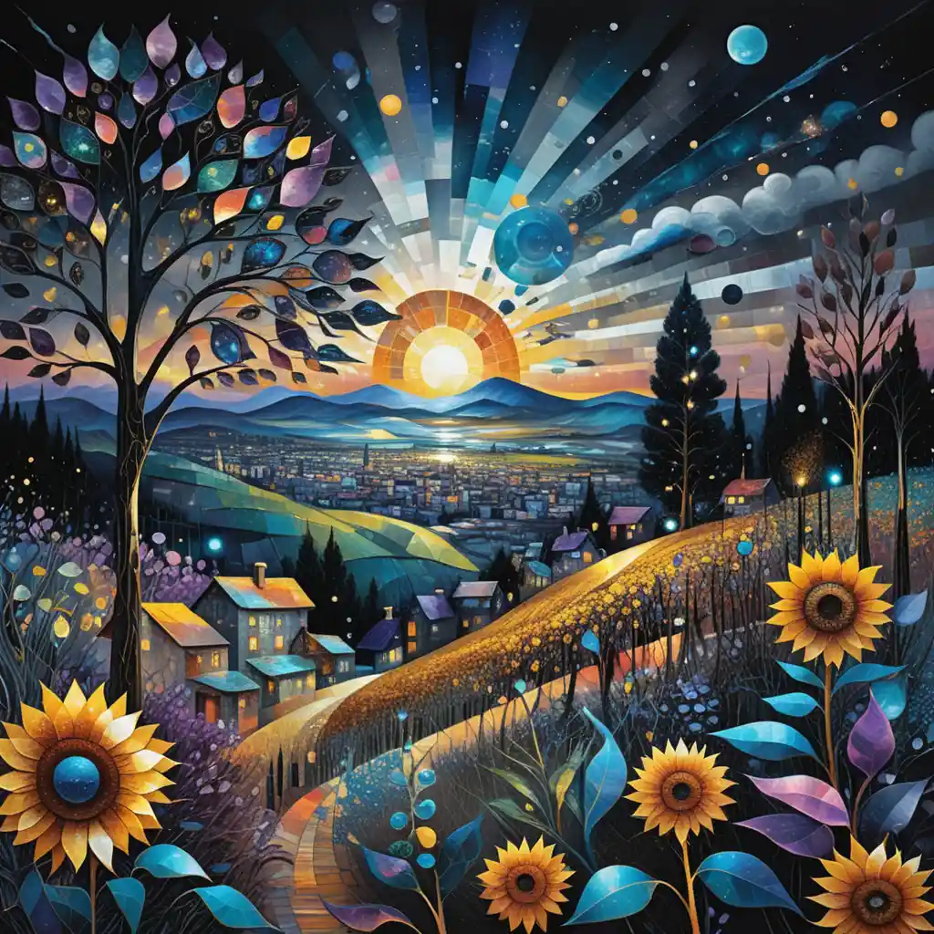 Paisaje abstracto de patchwork al atardecer dorado con flores