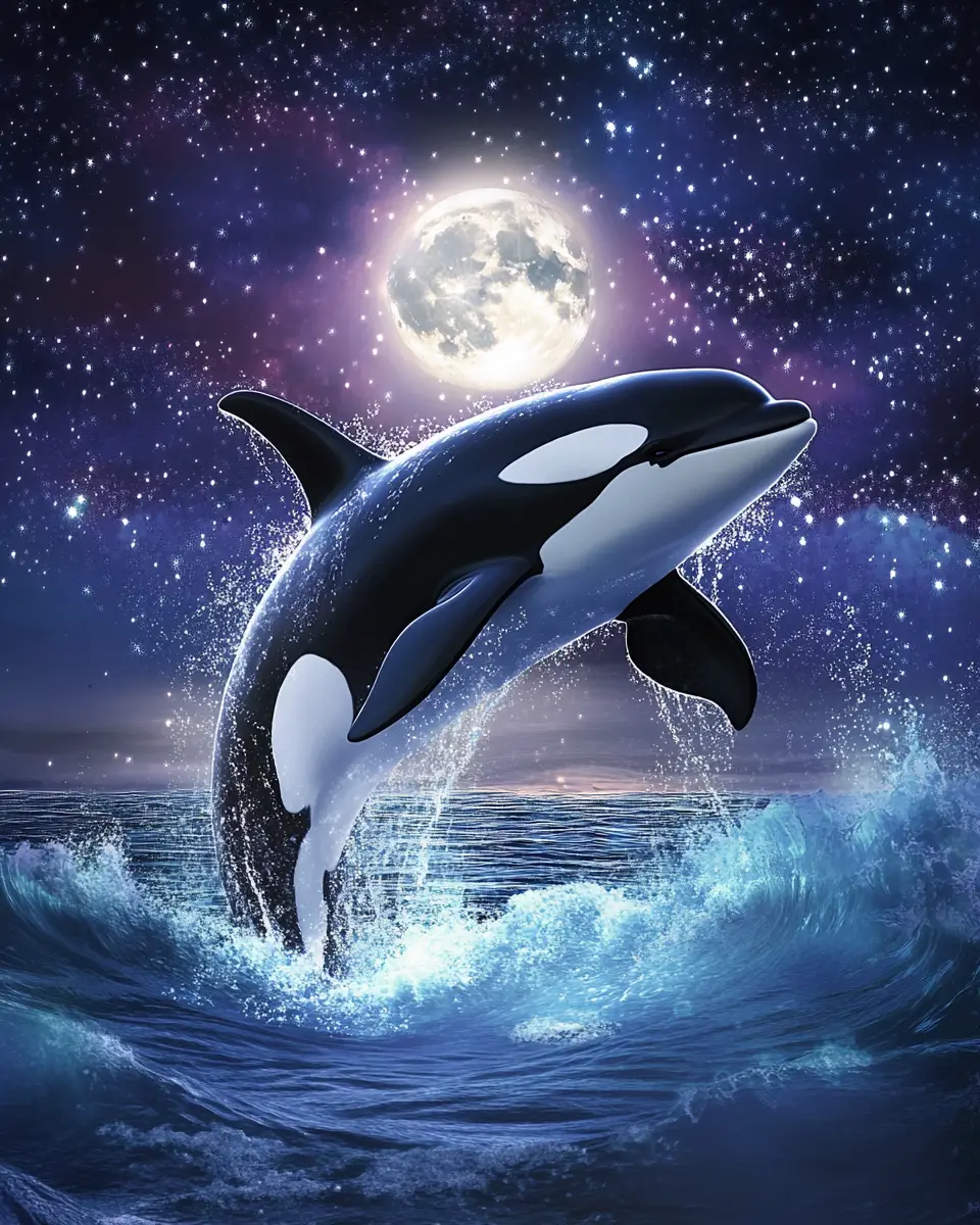Orca Breaching In Moonlit Ocean Under Starry Night
