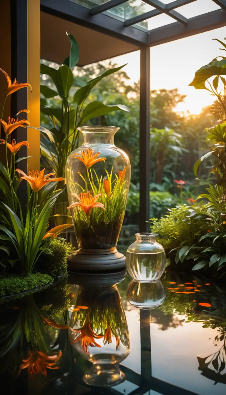 Low angle view of koi vase in a sunset veranda garden