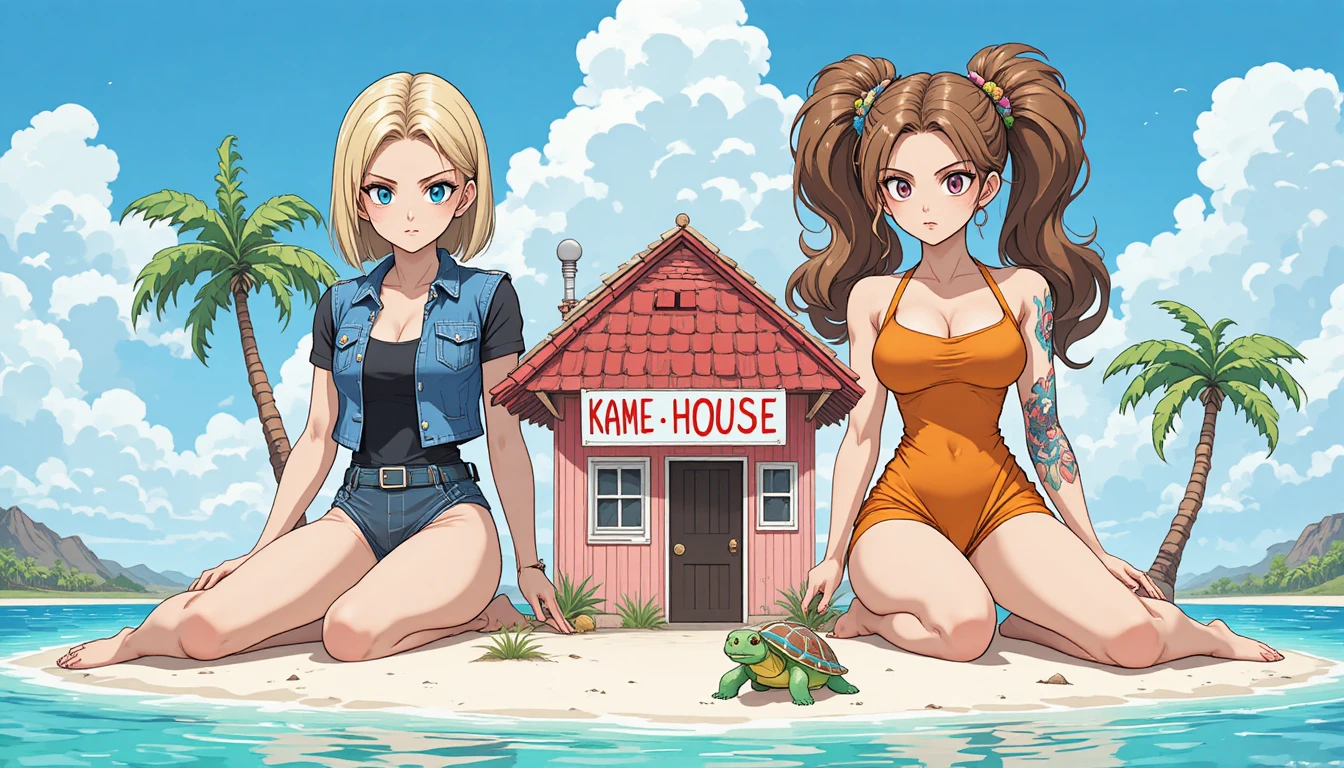 Two gigantic anime women on a tiny tropical island