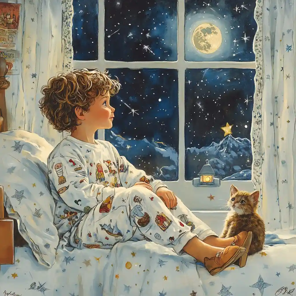 Young boy placing shoes by window on a moonlit night