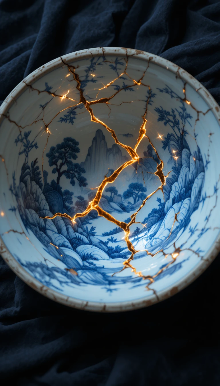 Fragmented porcelain bowl repaired with glowing cosmic cracks