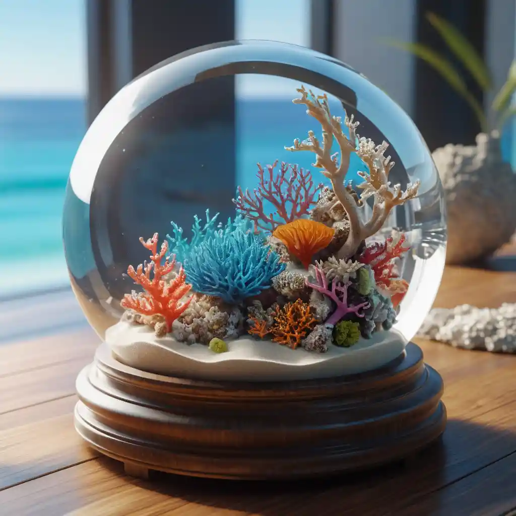 Surreal fish swimming inside a crystal glass sphere