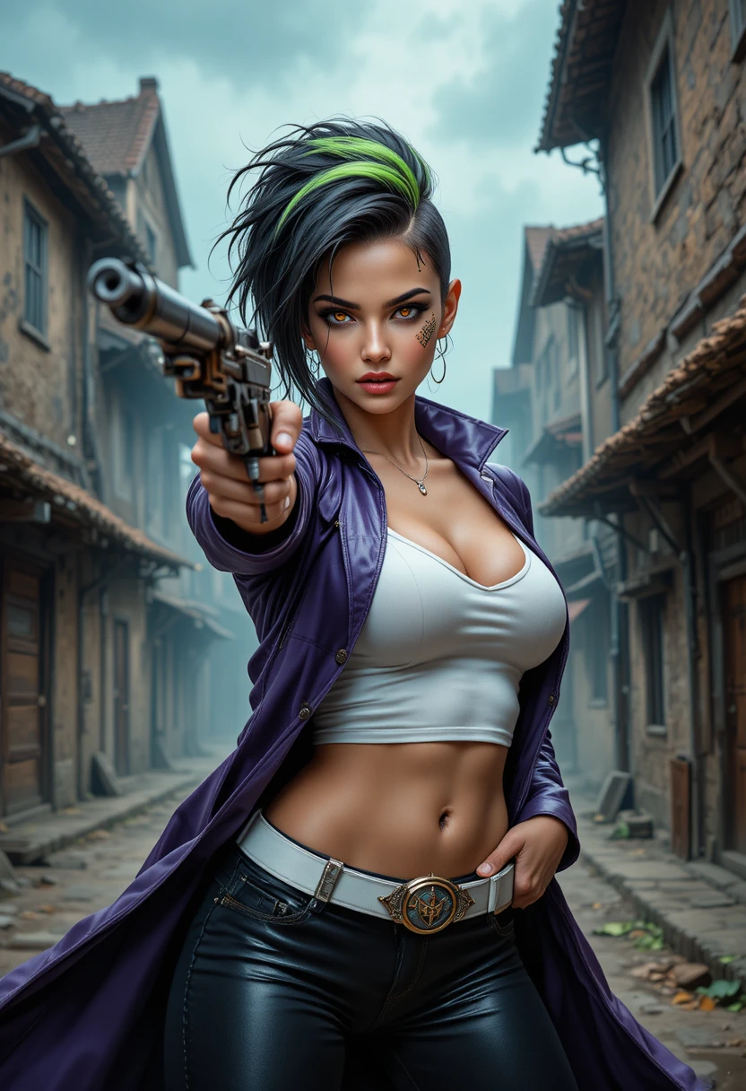 Angry British warrior woman aiming gun in old town street