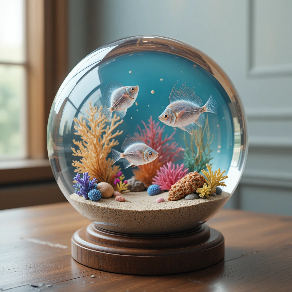 Surreale Fische, die in einer klaren Glaskugel schwimmen