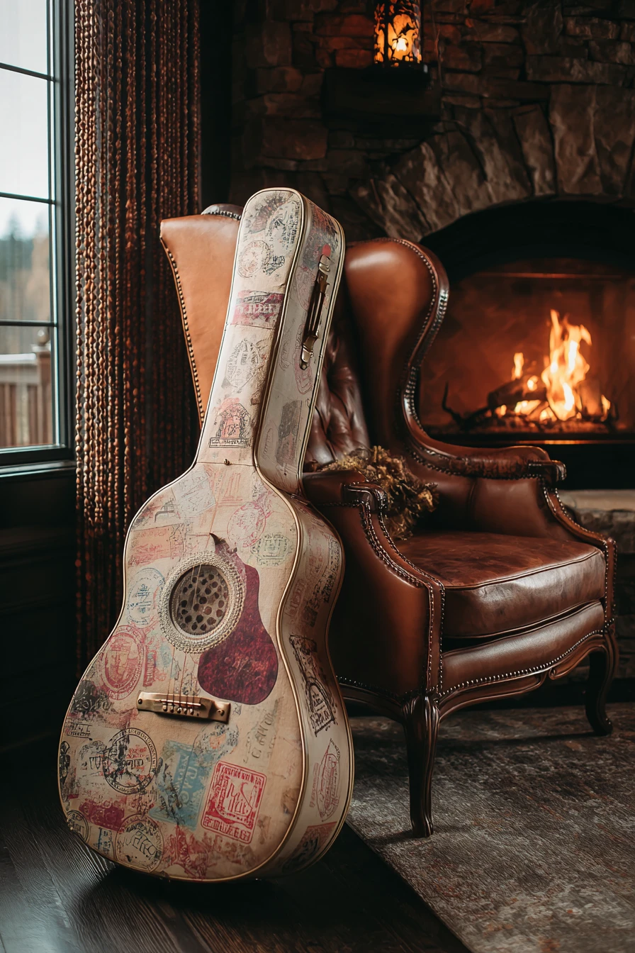 Guitar suitcase by a leather chair in warm country room