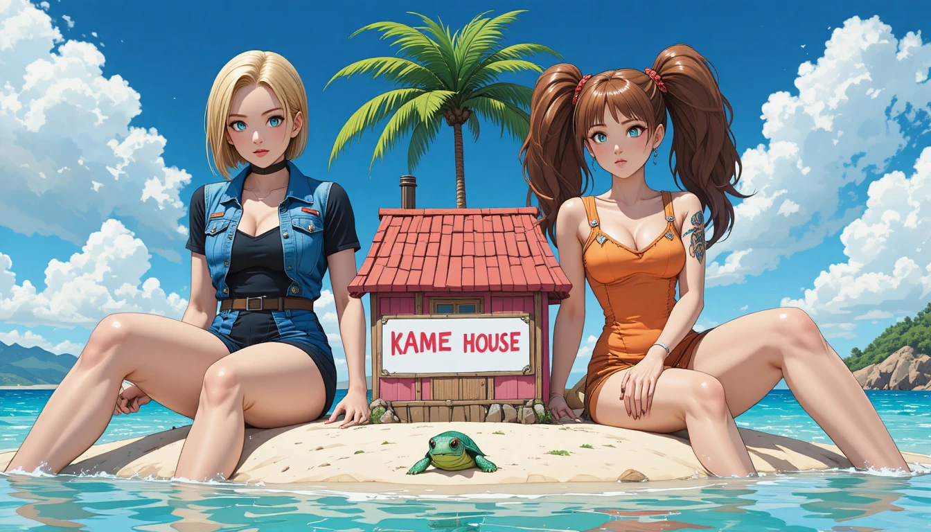 Two giant anime women on a tiny tropical island