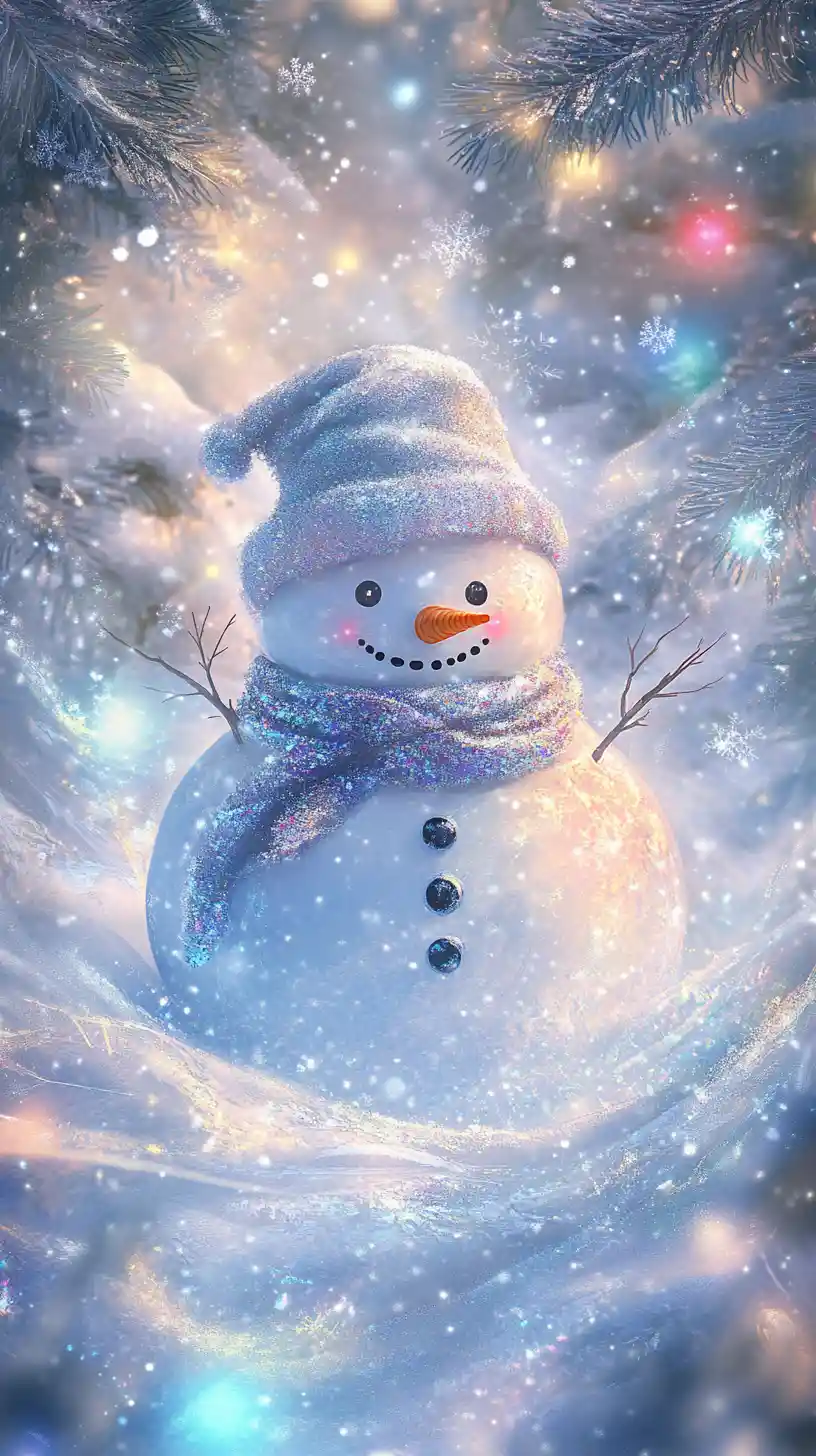 Abstract glowing snowman in a magical winter landscape
