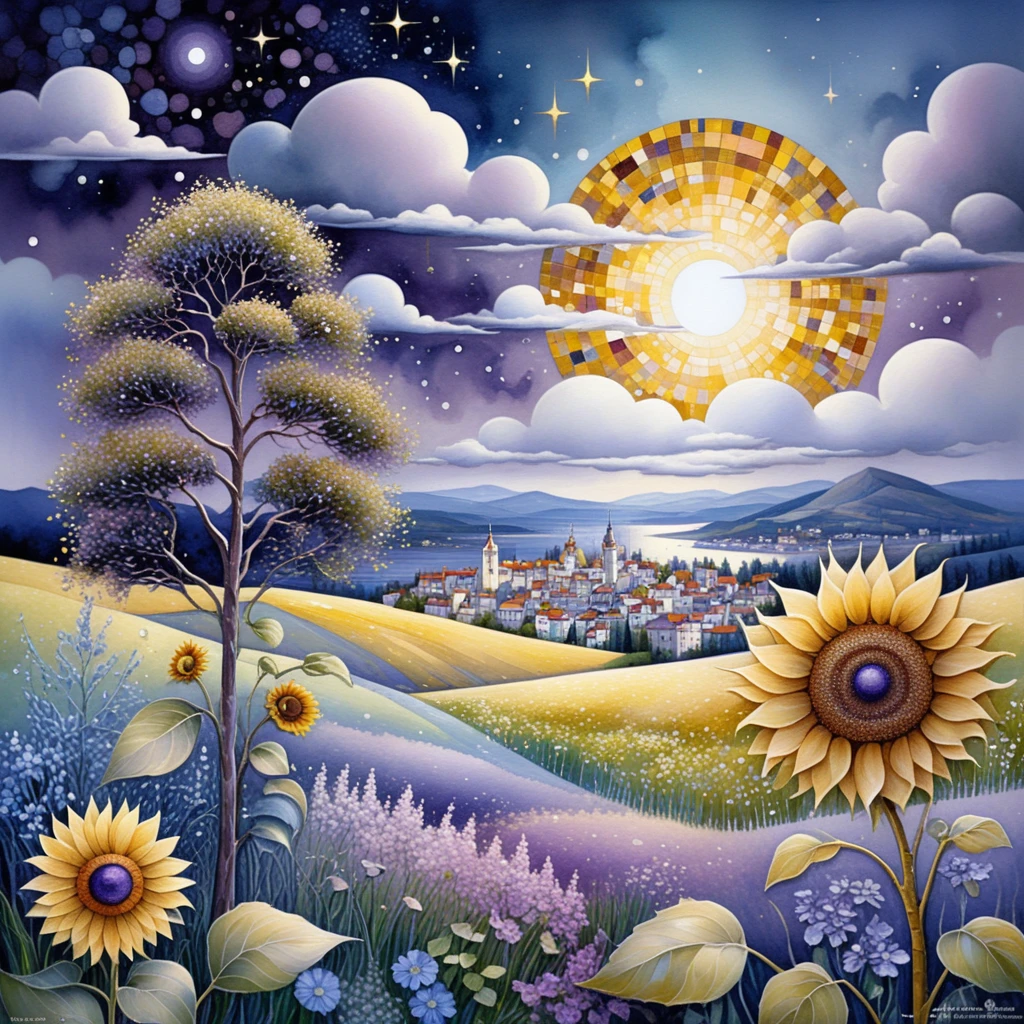 Céu de pôr do sol surreal com flores e árvores coloridas em mosaico