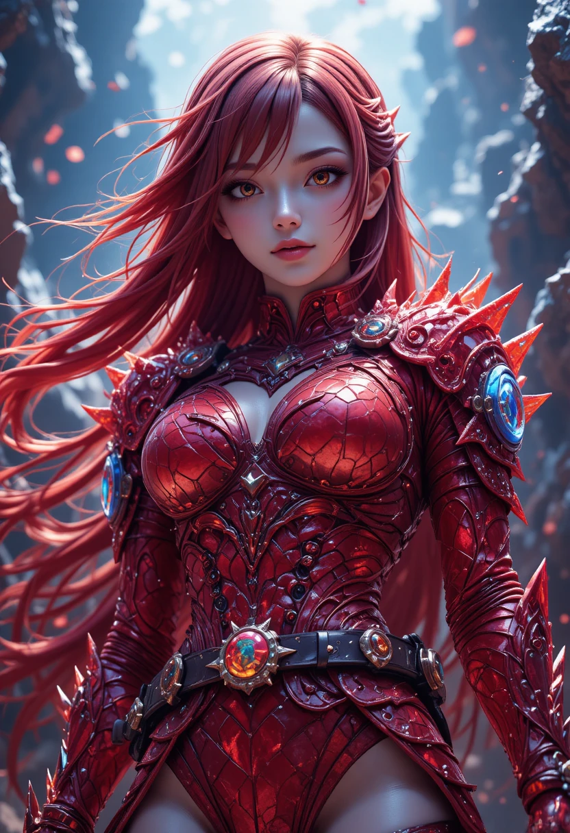 紅色水晶巨龍鎧甲的動畫女戰士
