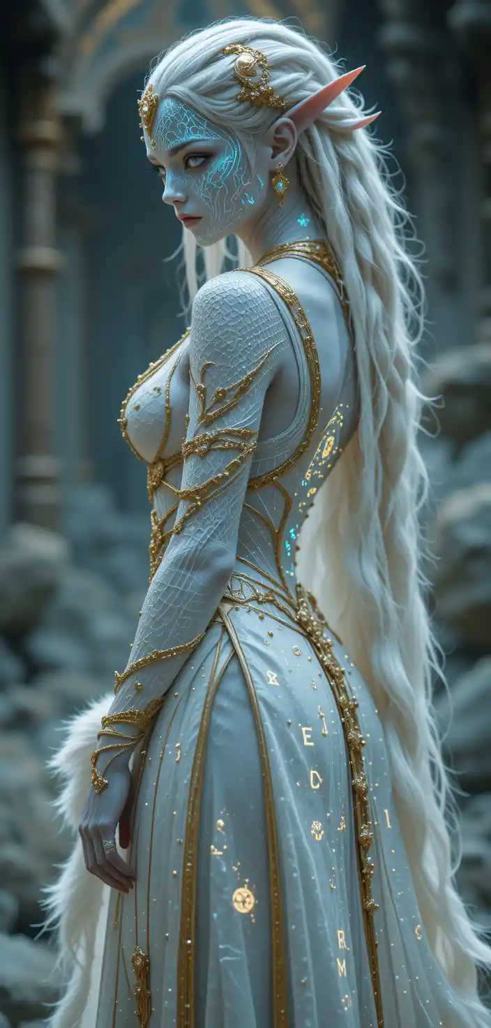 Alien elf priestess in glowing runed ceremonial attire