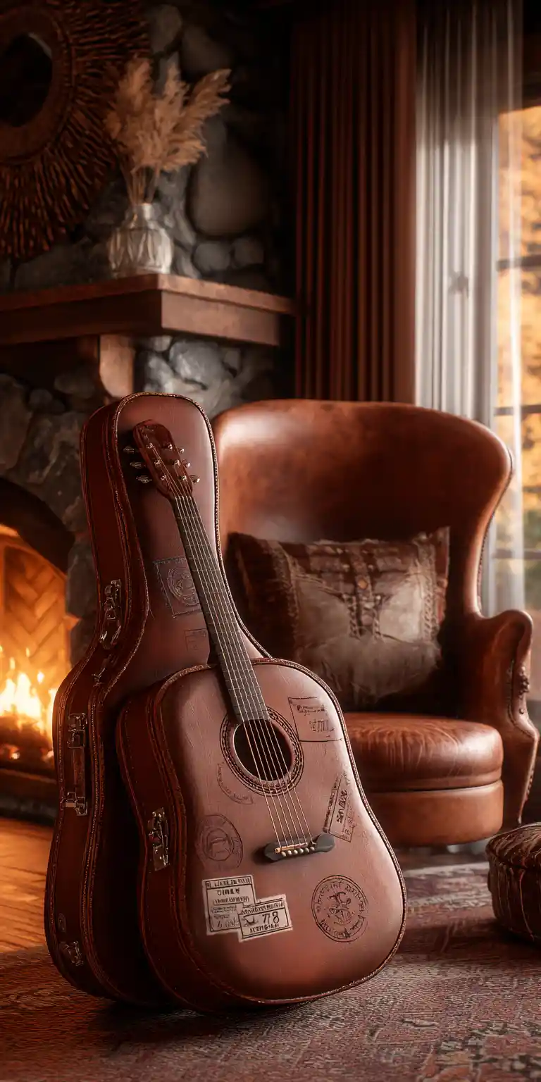 Guitar suitcase by leather chair in cozy country room