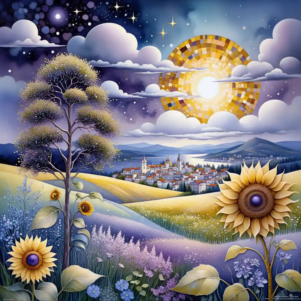 Ciel de coucher de soleil surréaliste avec fleurs et arbres en mosaïque colorée