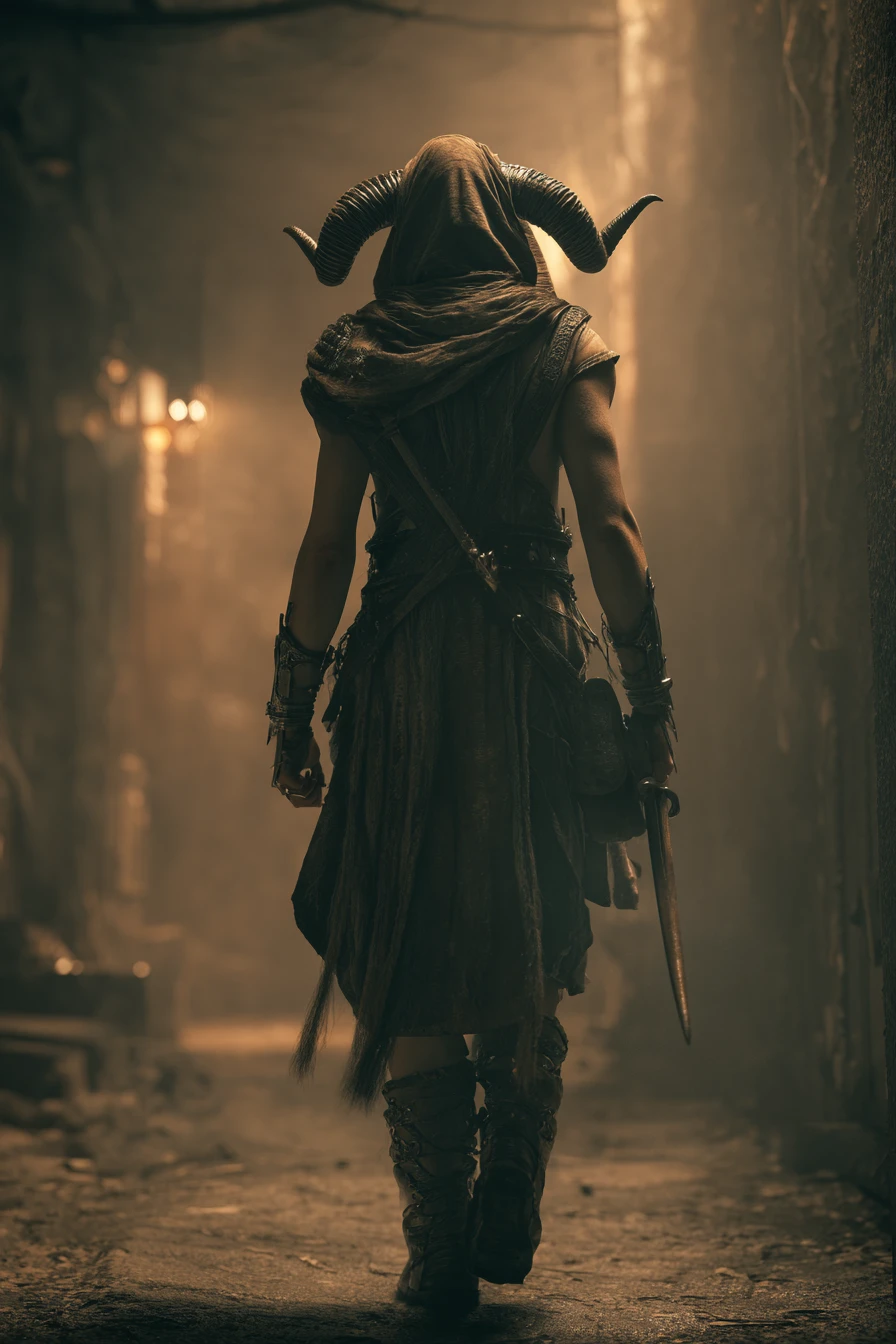 Fantasy human bard standing in a dark urban back alley