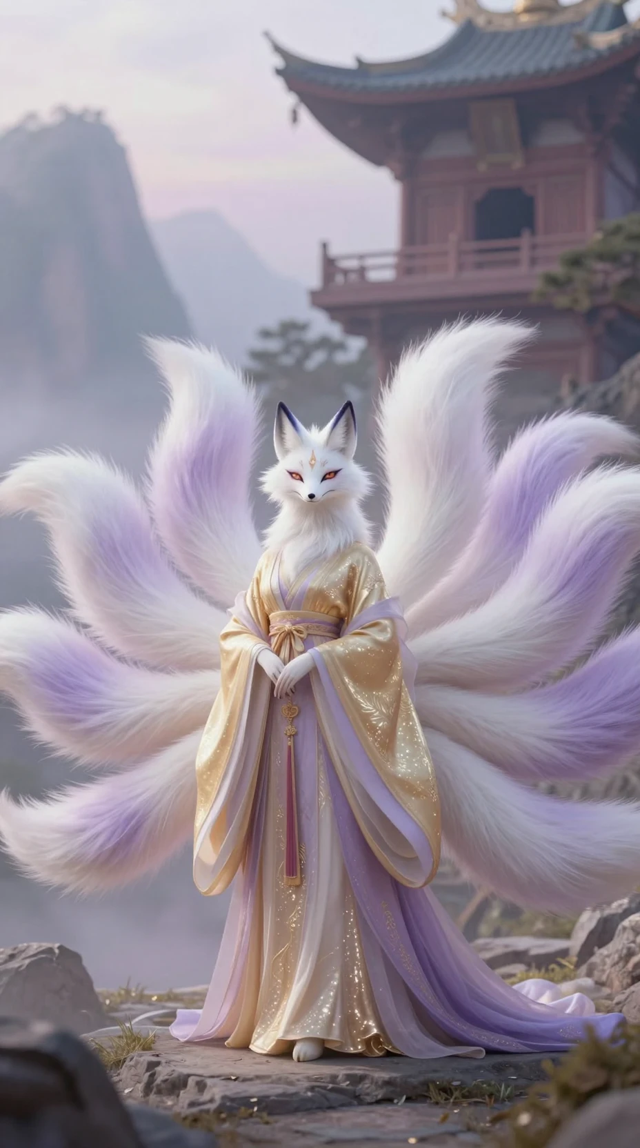 Nine tailed fox deity in a serene mountain temple
