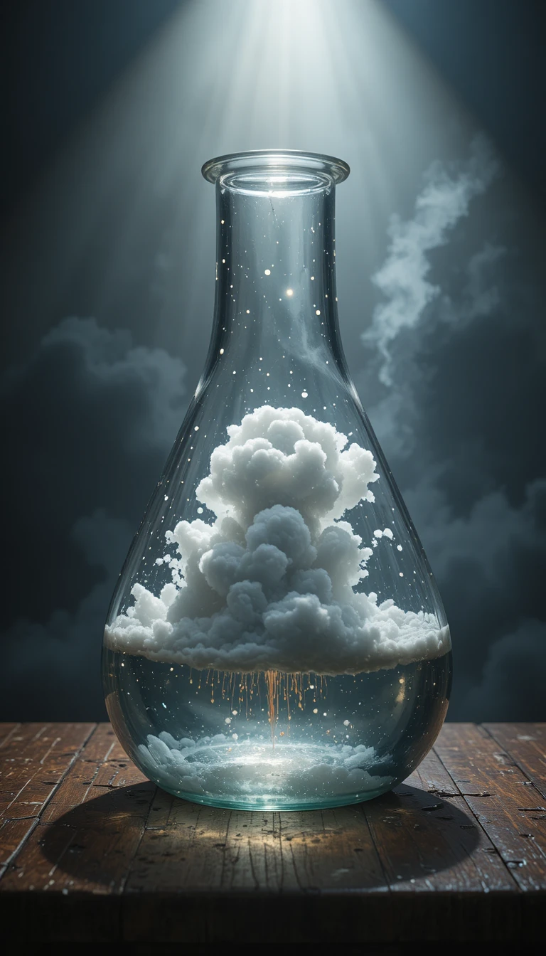 Glass flask containing a miniature thunderstorm on wooden table