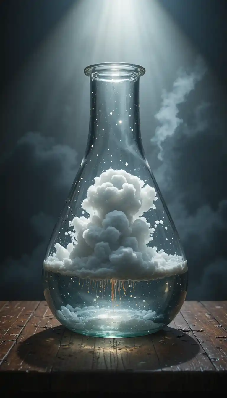 Glass flask containing a miniature thunderstorm on wooden table