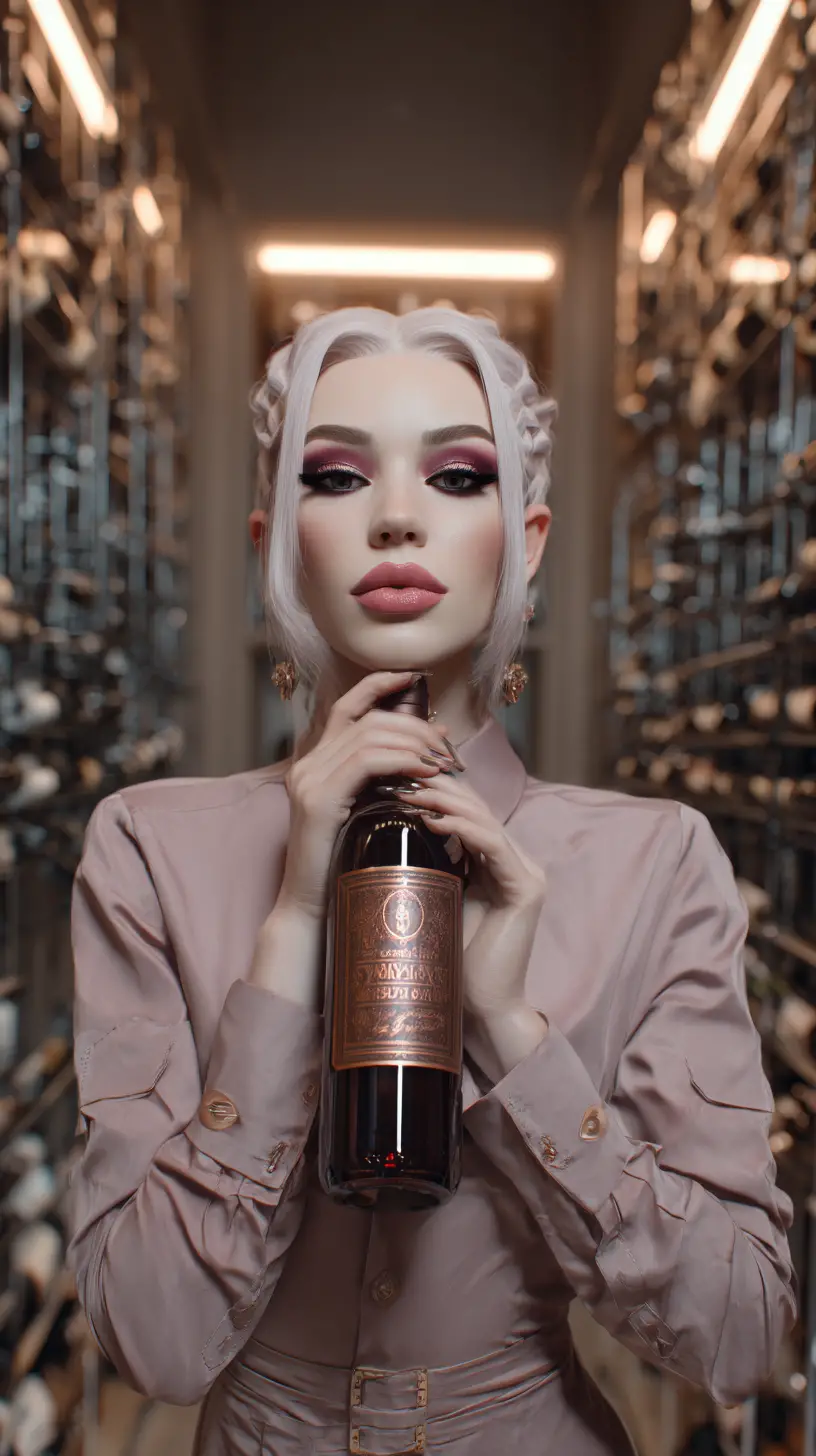 Copper haired woman reading a wine bottle in racks