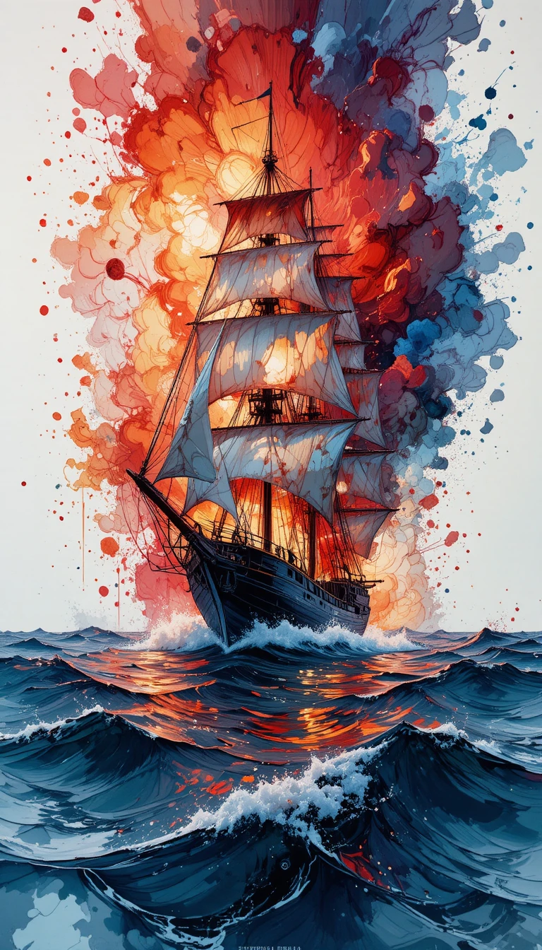 Close up painting of a sailing ship at night at sea