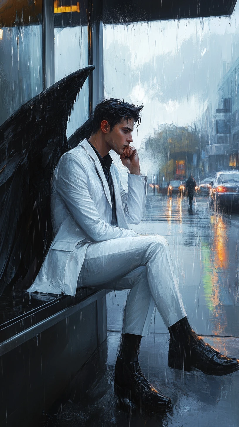 Thoughtful angel on a rainy bus stop bench