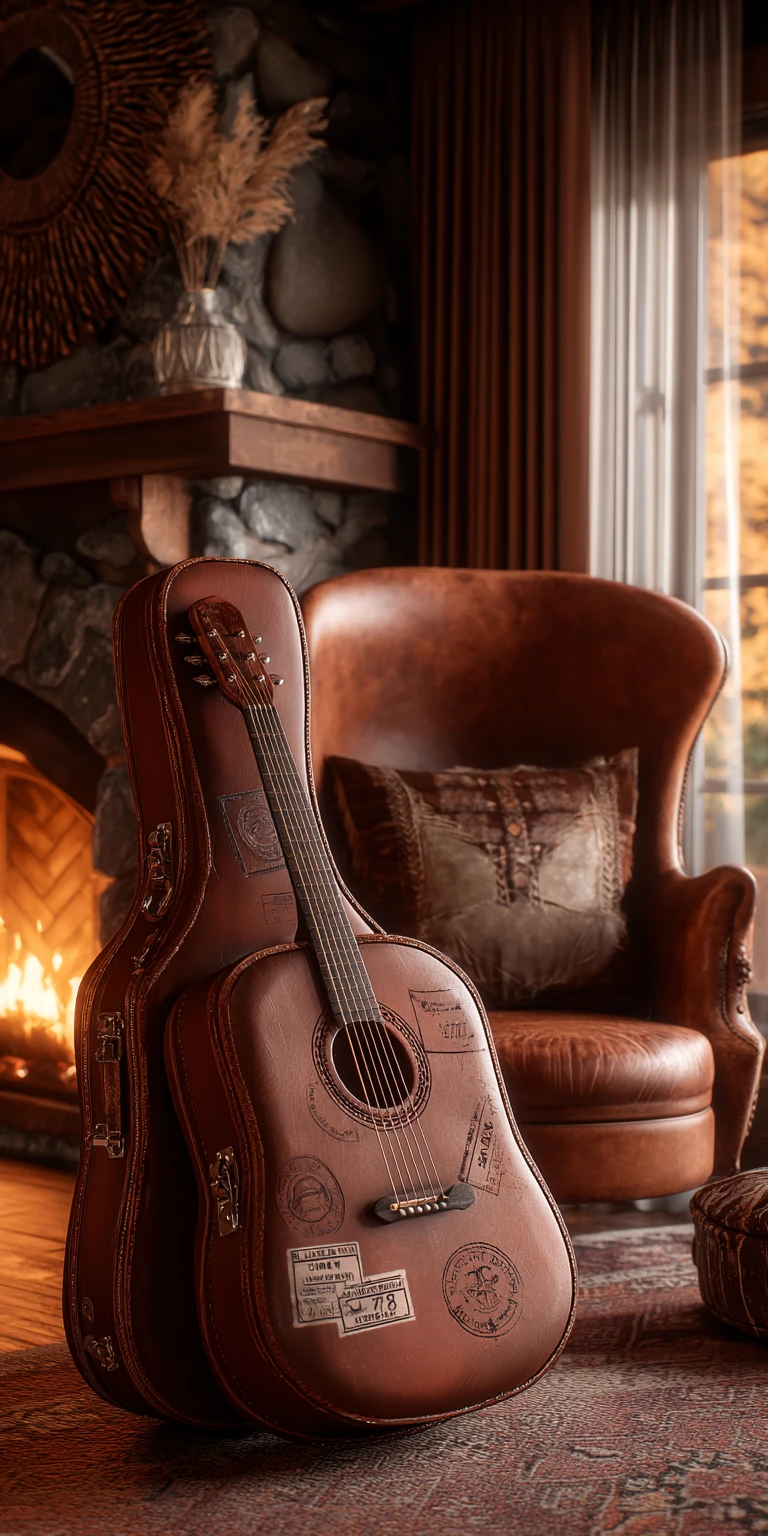 Guitar suitcase by leather chair in cozy country room