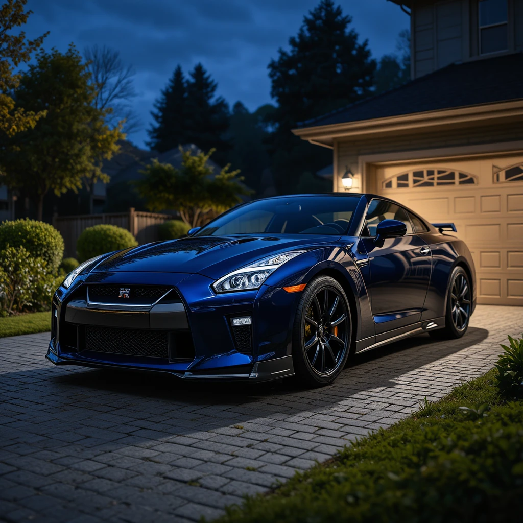 Auto sportiva blu scuro parcheggiata in un vialetto tranquillo di notte