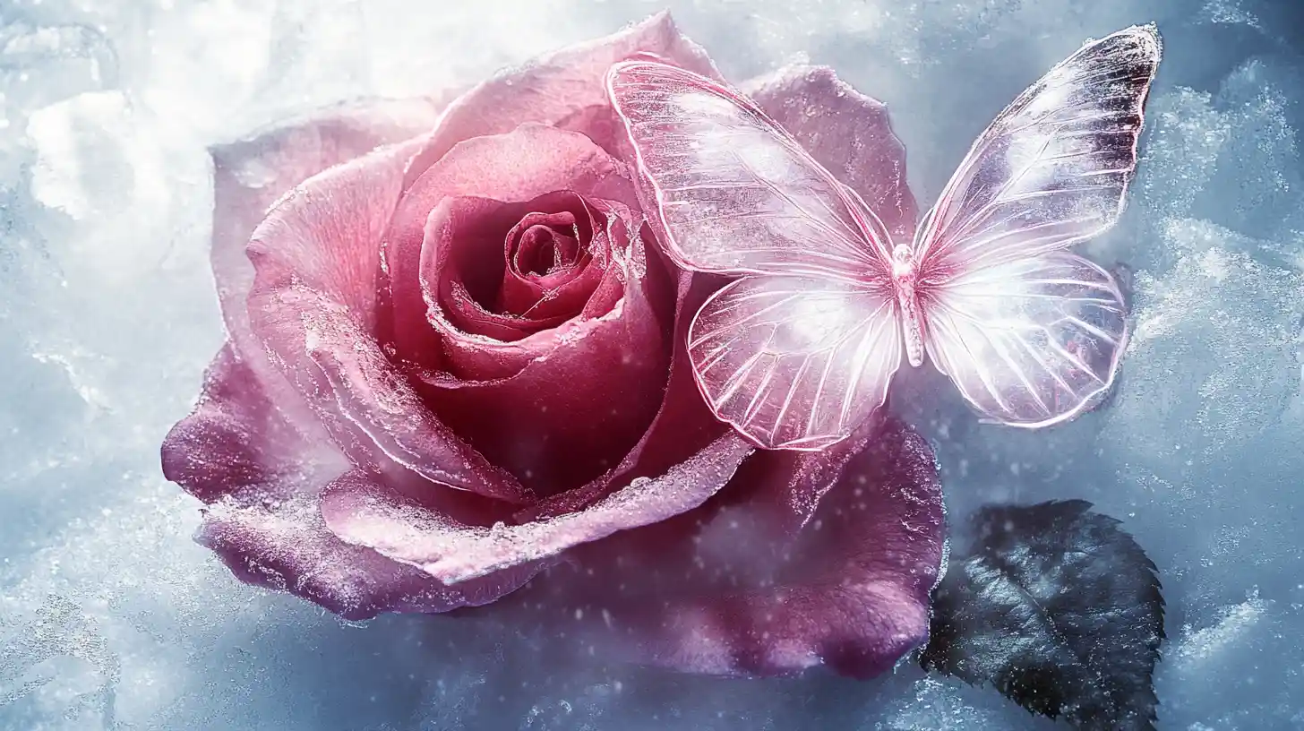 Double exposure burgundy rose on snow with neon butterflies