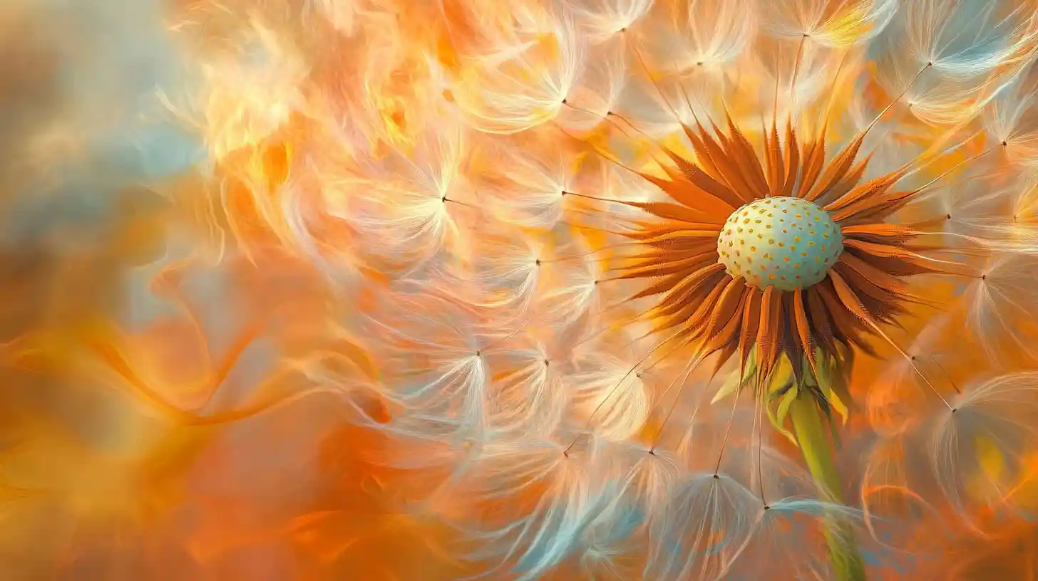 Whimsical dandelion flower glowing with abstract sunset colors