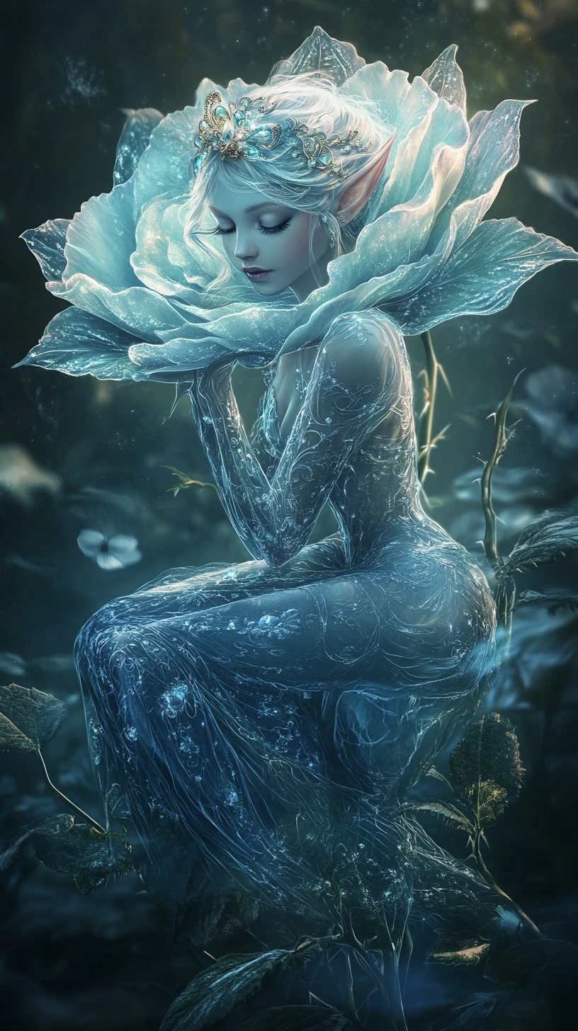 Majestic rose with painted elf maiden on its petals