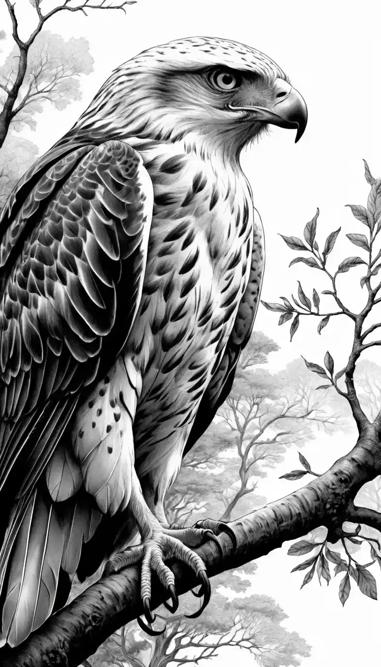 Illusion complexe de faucon à l’encre formée par des lignes d’arbres fluides