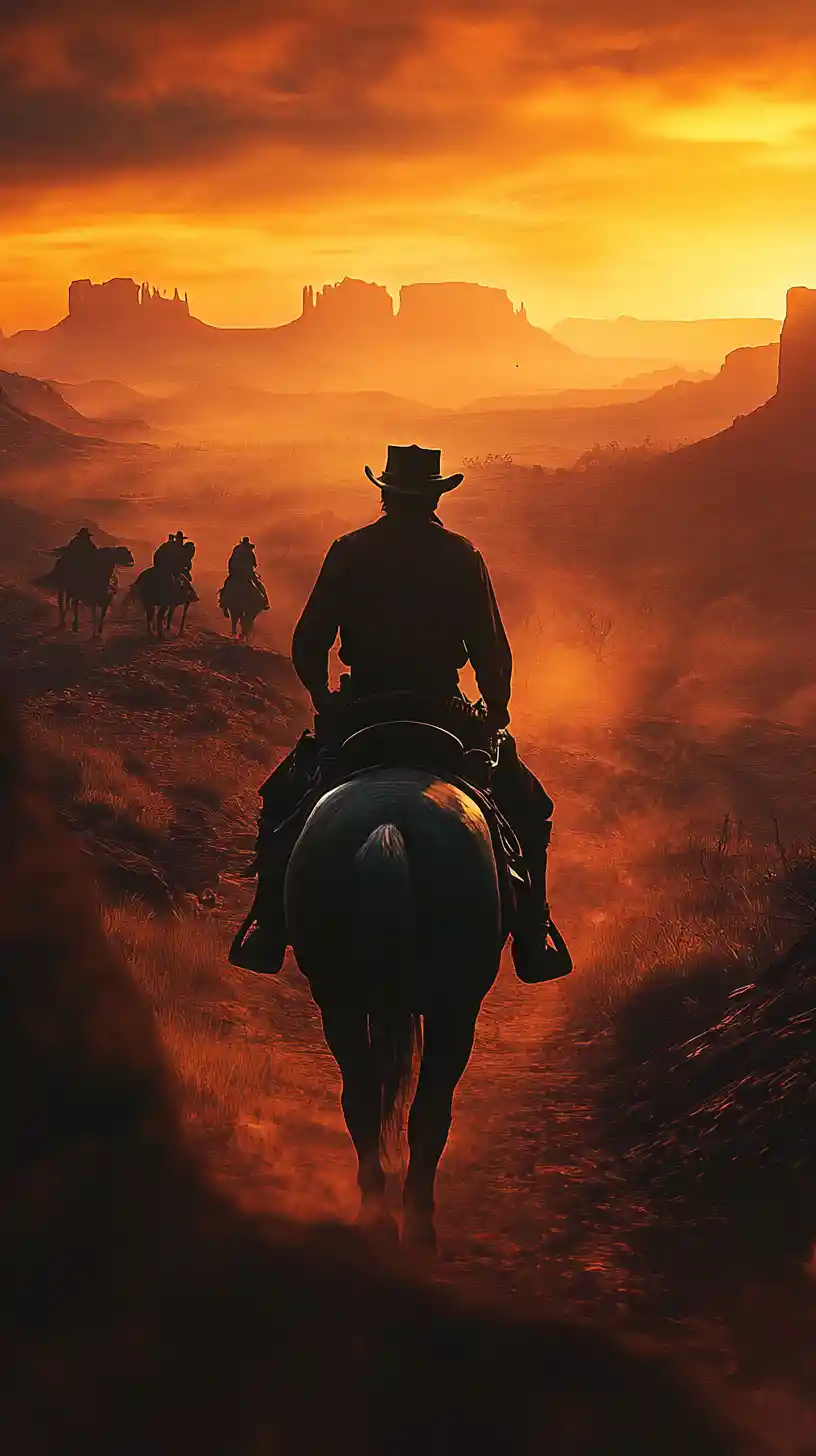Cowboy on horseback riding through a dusty canyon at sunset