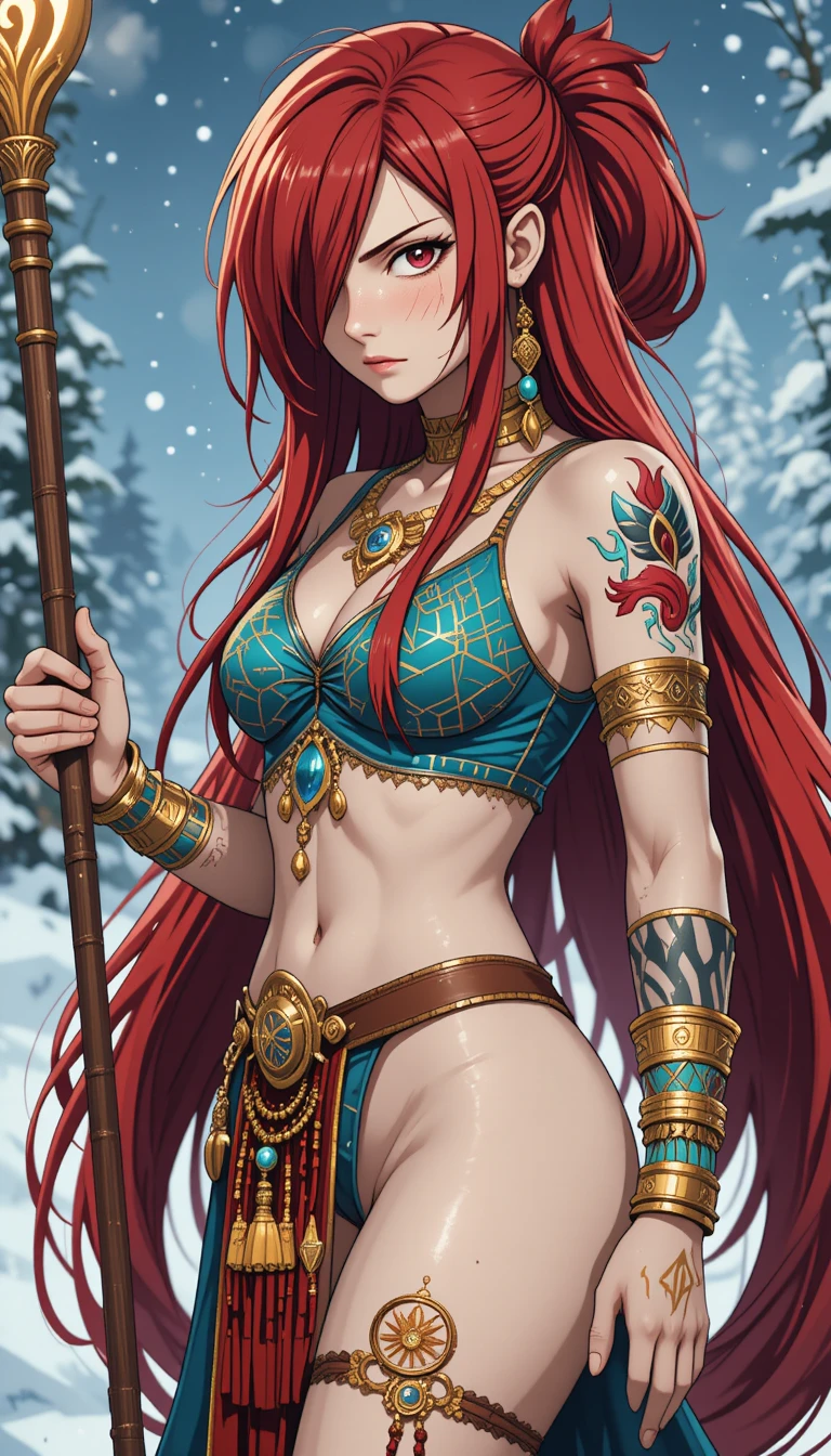 붉은 머리 창 전사와 애니메이션 스타일 눈 내린 풍경