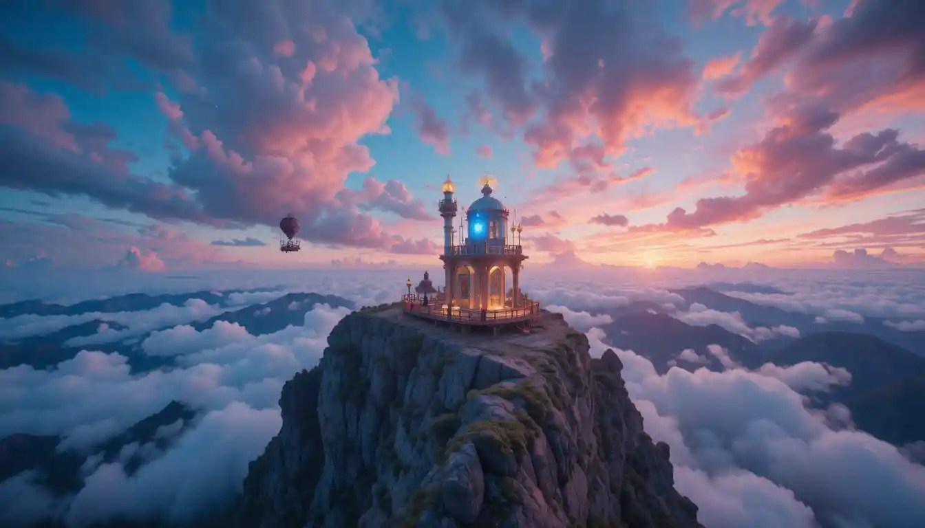 Viaggio in mongolfiera pastello attraverso un cielo luminoso