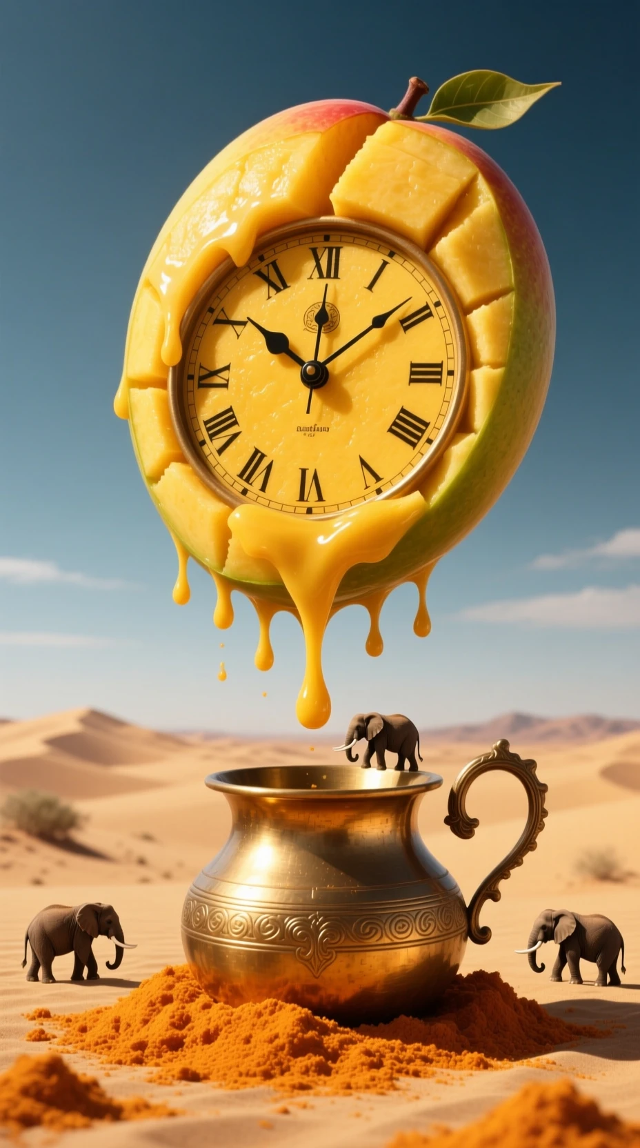 Surreal schmelzende Uhr über Messinggefäß in safranfarbener Wüste