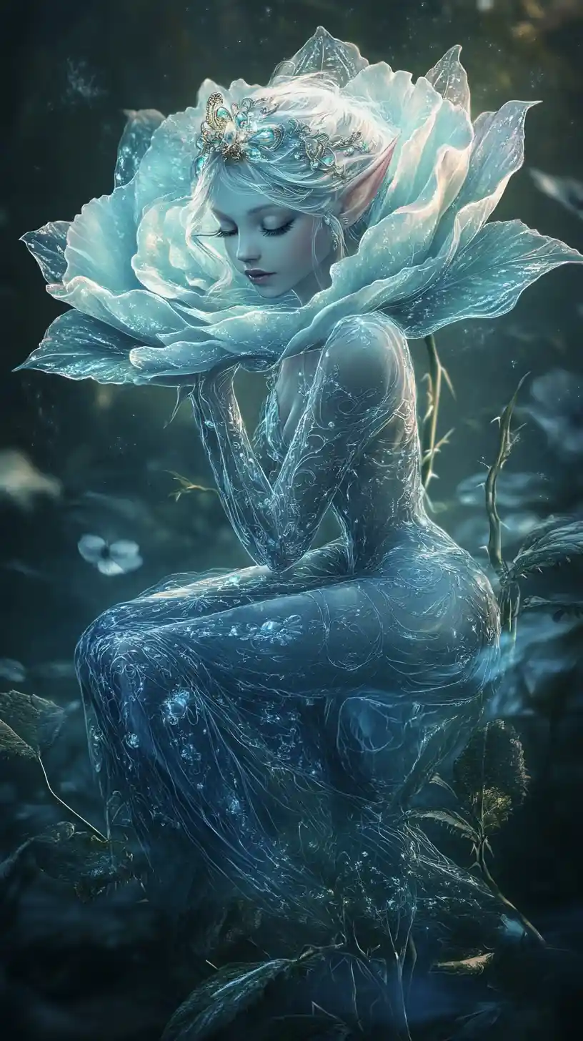 Majestic rose with painted elf maiden on its petals