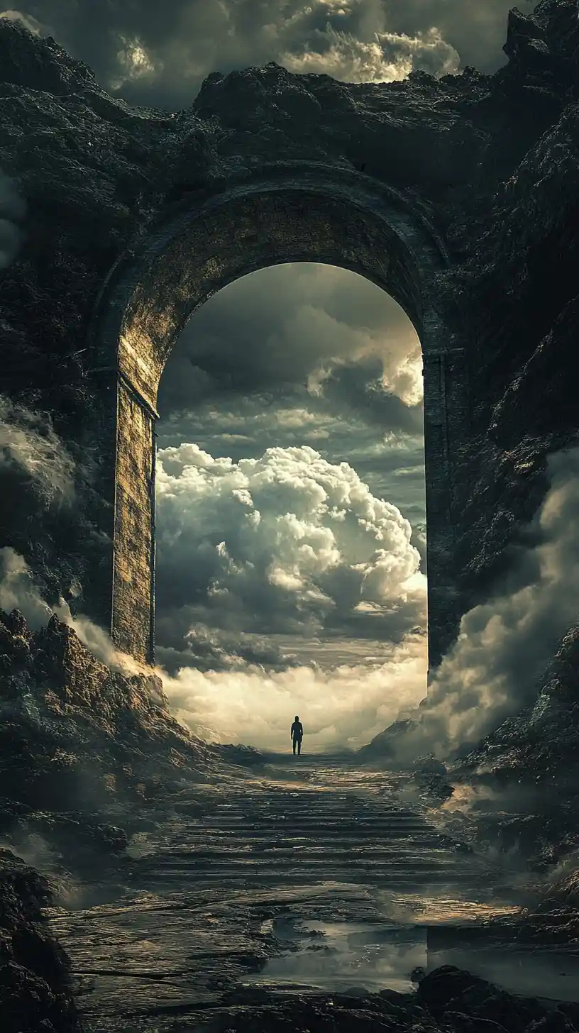 Surreal Landscape With Archway And Lone Figure