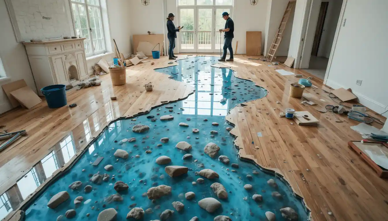 Rénovation de salon avec sol rivière en résine époxy