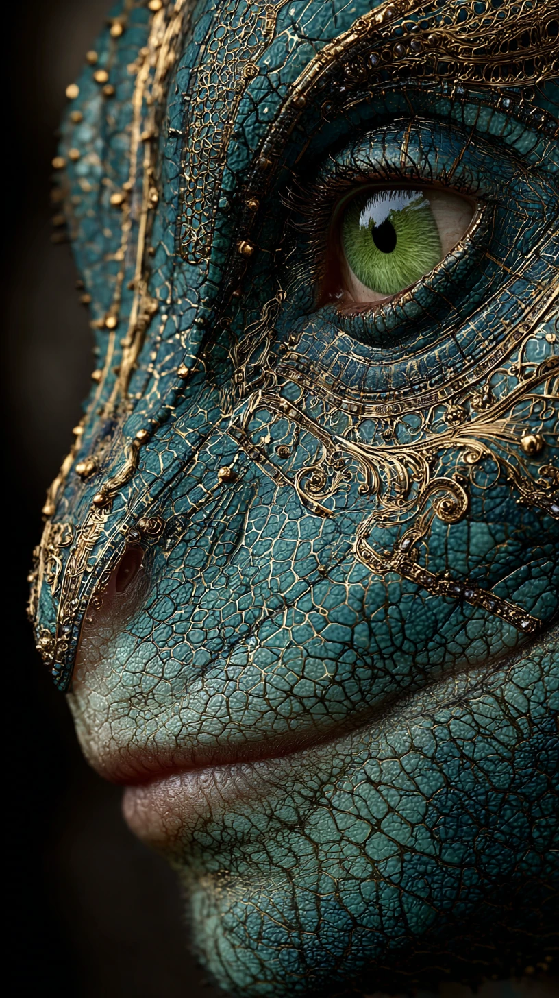 Close up reptilian profile with ornate metallic adornments