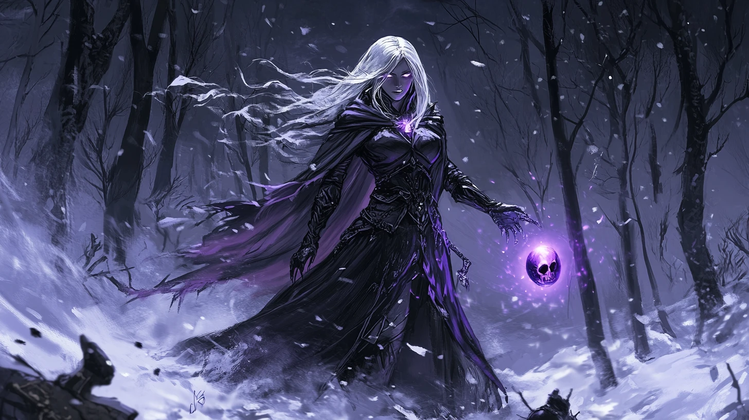 Necromancer Drawing Souls Amid Snowy Haunted Forest Night