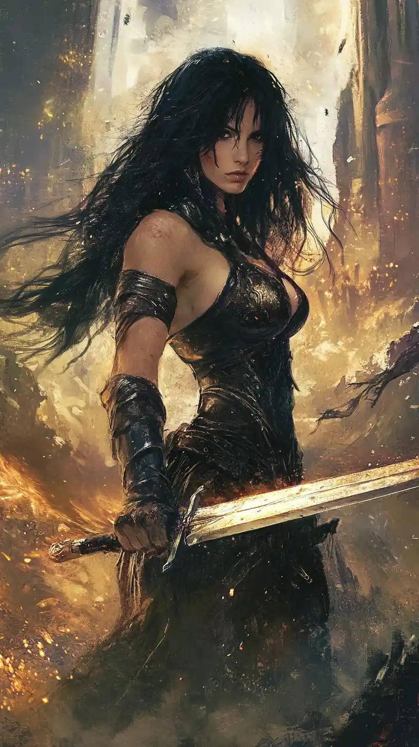 Barbarian warrior woman raising her sword at sunset