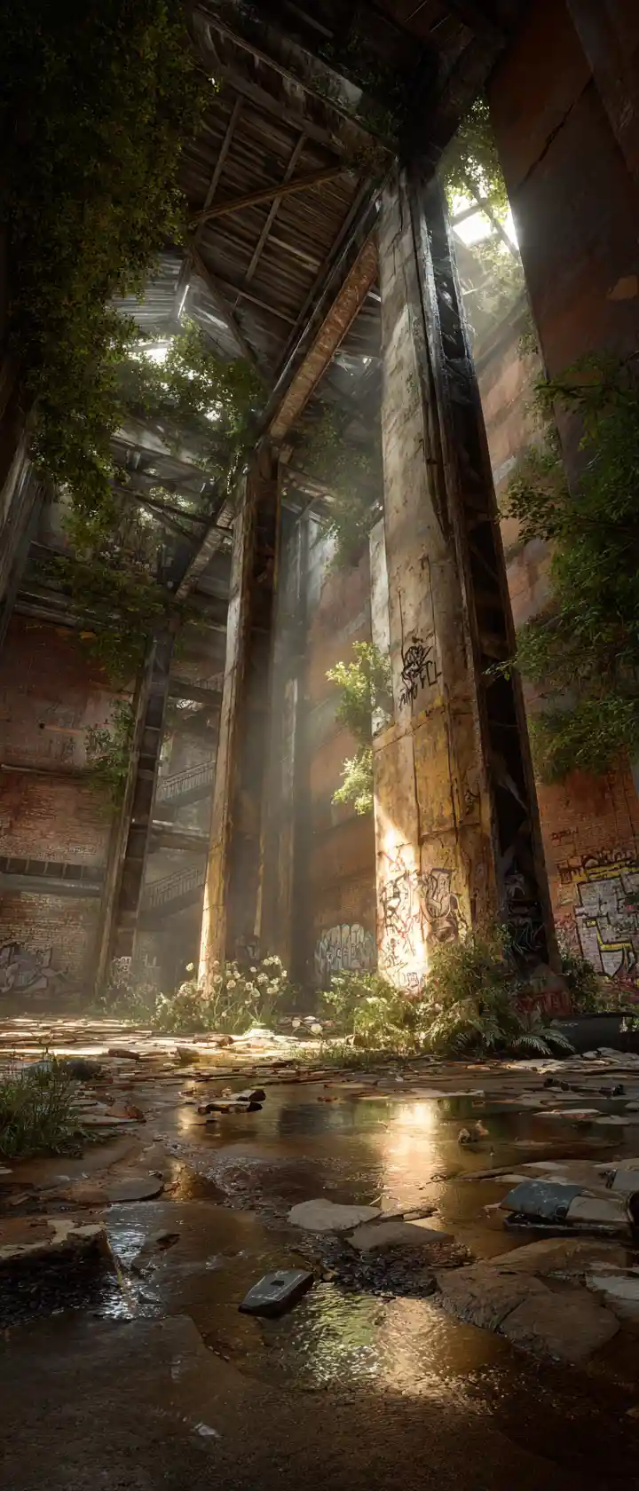 Abandoned industrial hall reclaimed by nature with warm light