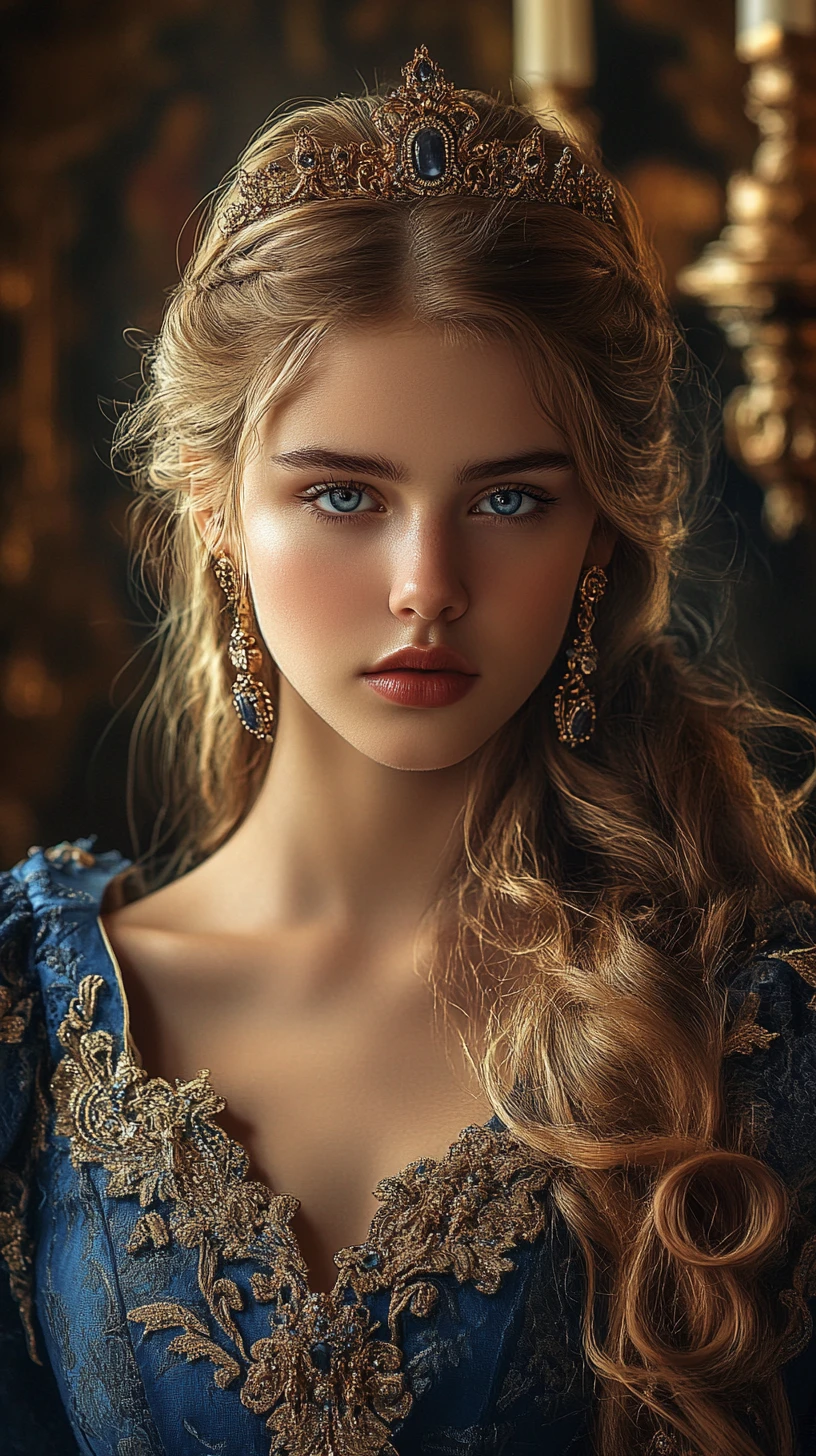 Regal blonde girl in blue gown inside opulent palace
