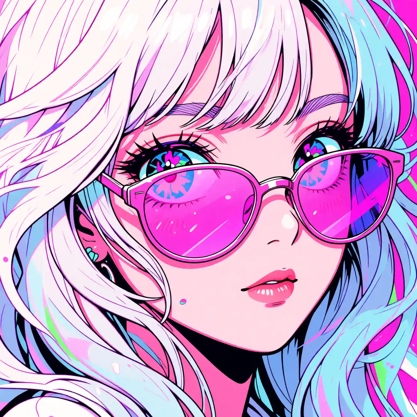 Colorful anime girl with pastel hair and neon glow