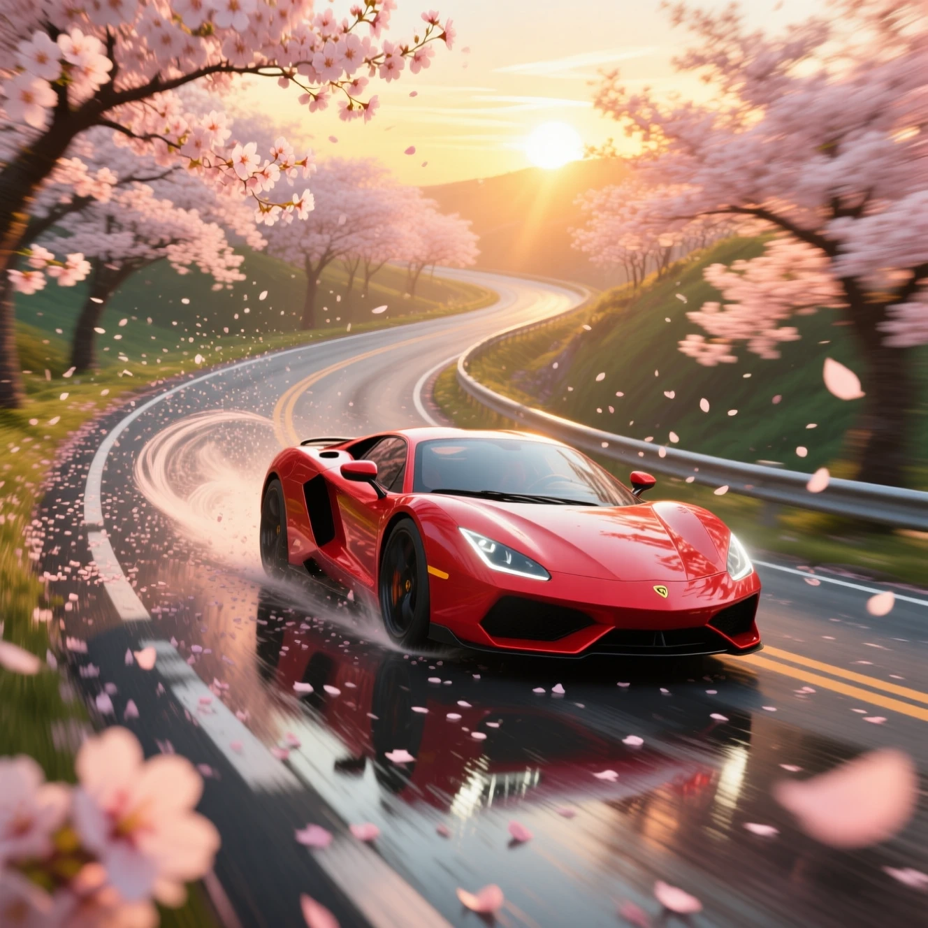 Supercar rossa che sfreccia lungo una strada di montagna tra i ciliegi in fiore