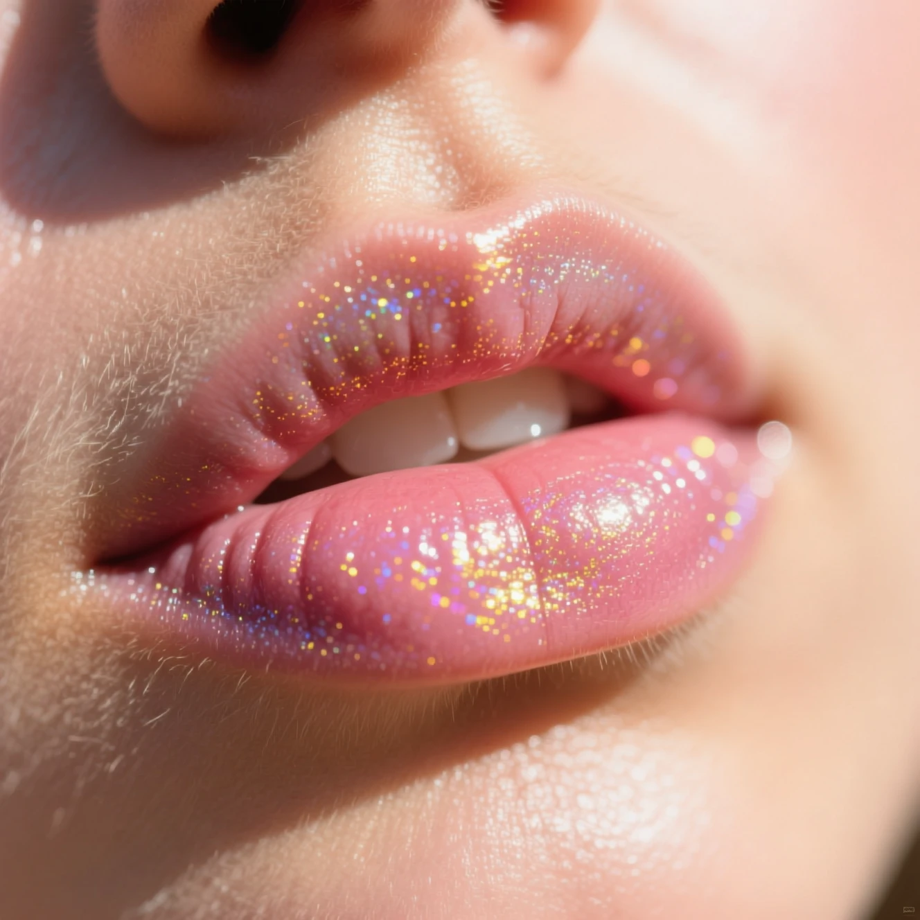 Glossy pink lips in soft intimate close up