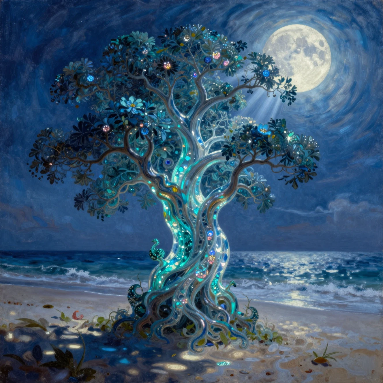 Fantasy moonlit seascape with swirling trees and flowers