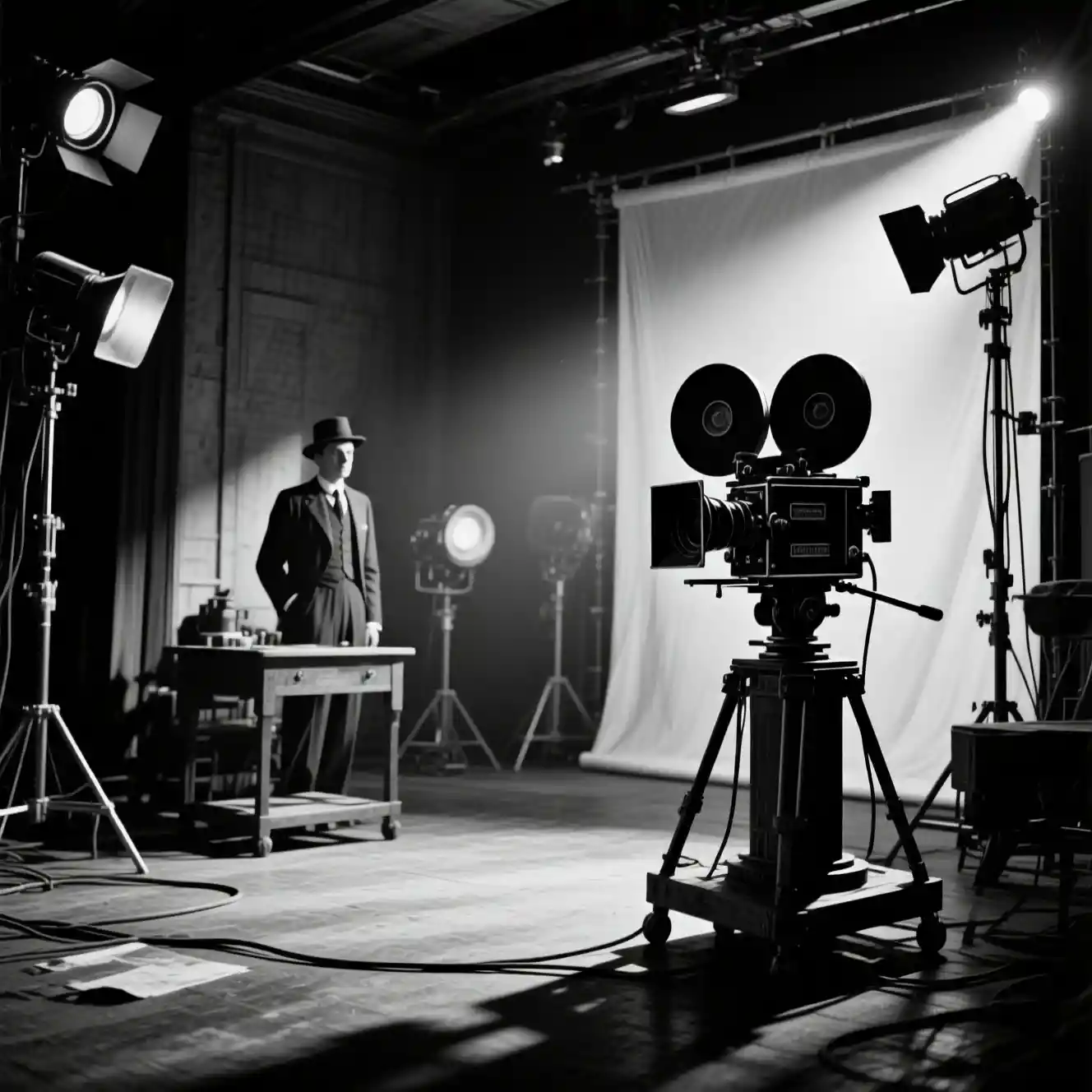 Vintage black and white film studio with 1890s silent era mood